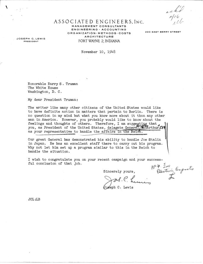 Joseph C. Lewis to Harry S. Truman, with reply from William D. Hassett
