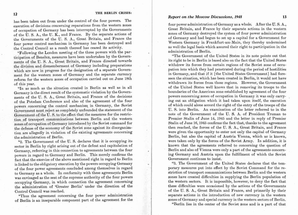 The Berlin Crisis: A Report on the Moscow Discussions, 1948, Department of State