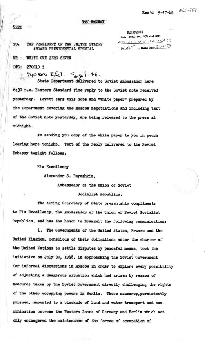 State Department to Harry S. Truman
