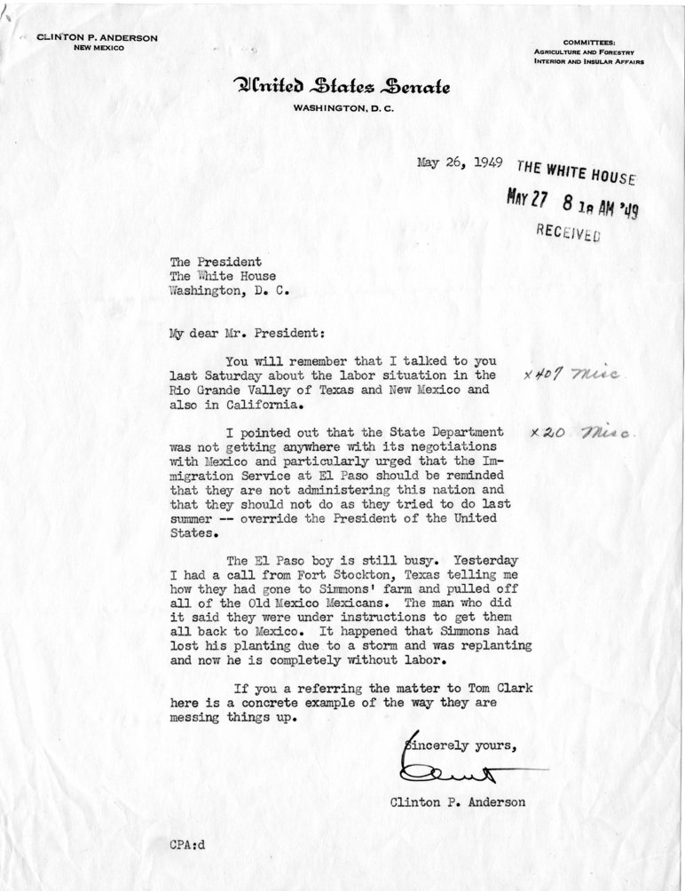 Correspondence Between Clinton P. Anderson and Harry S. Truman