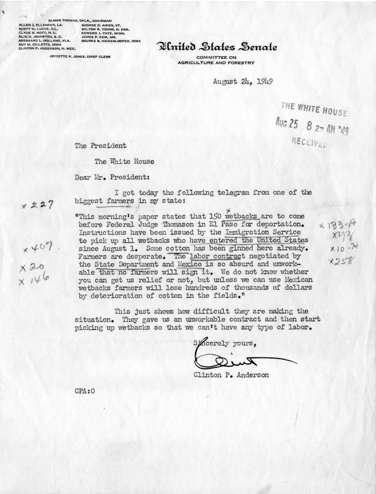 Correspondence Between Harry S. Truman and Clinton P. Anderson