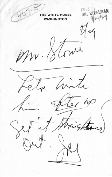 Sheridan Downey to John Steelman, With Attached Note