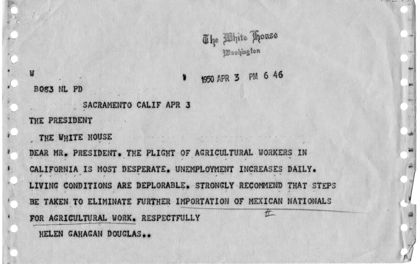 Telegram, Helen Gahagan Douglas to Harry S. Truman, With Attached Referral Note