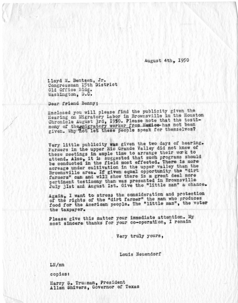 Louis Neuendorf to Harry S. Truman, with Attachment