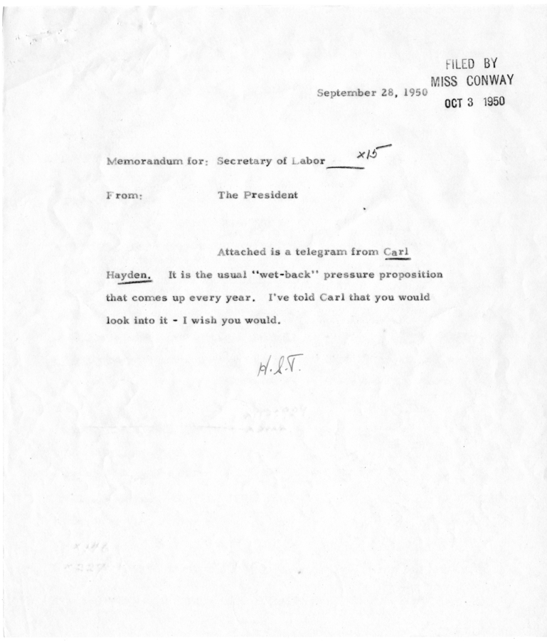 Carl Hayden to Harry S. Truman, With Referral to Secretary of Labor