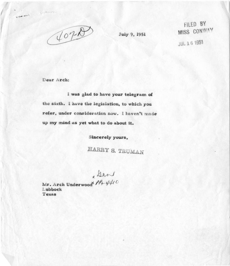 Correspondence Between Arch Underwood and Harry S. Truman