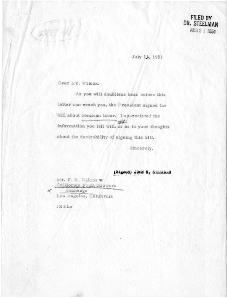 Correspondence Between John R. Steelman and F.R. Wilcox