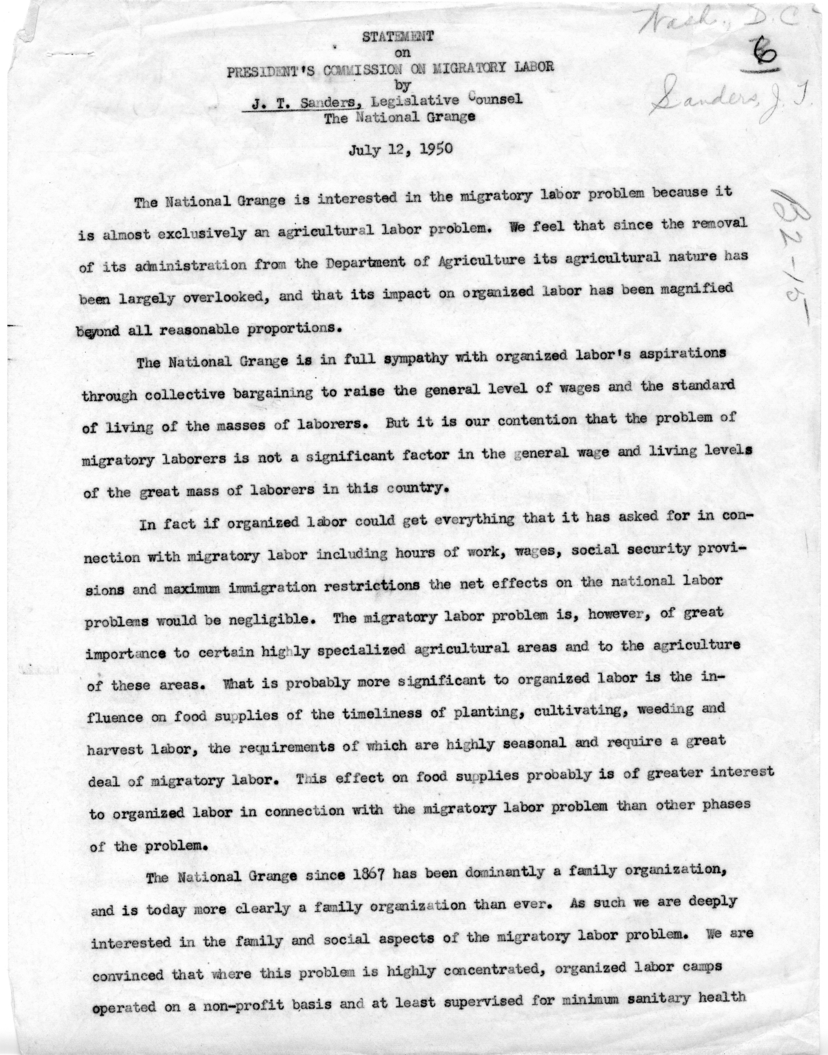 Statement of J. T. Sanders, National Grange, Before the President&rsquo;s Commission on Migratory Labor