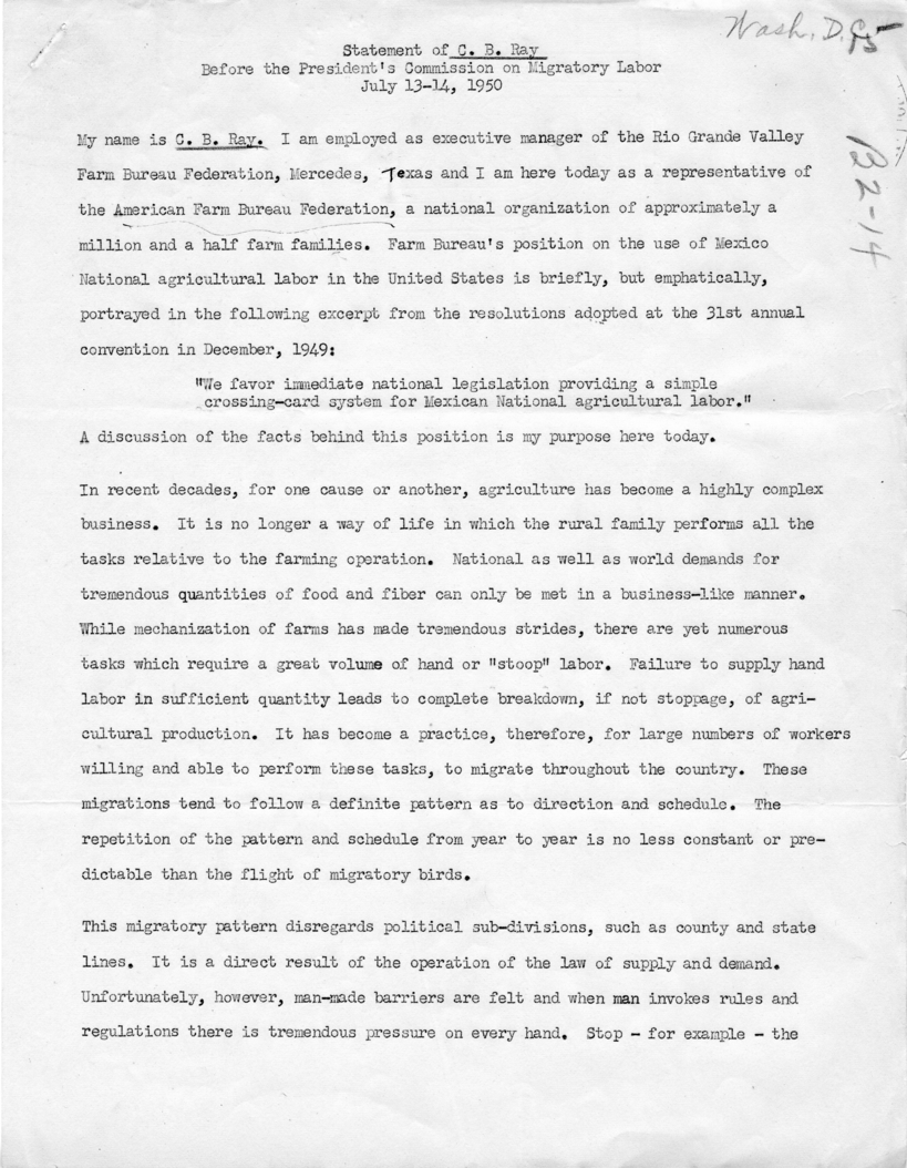 Statement of C. B. Ray Before the Commission on Migratory Labor