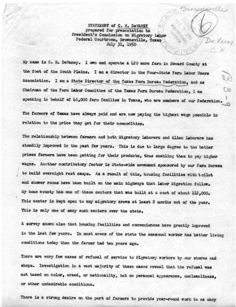Statement of C. H. DeVaney Before the President&rsquo;s Commission on Migratory Labor