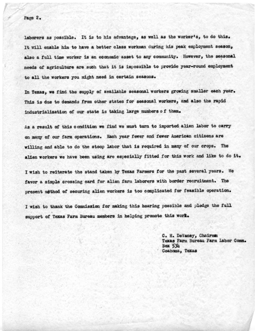 Statement of C. H. DeVaney Before the President&rsquo;s Commission on Migratory Labor
