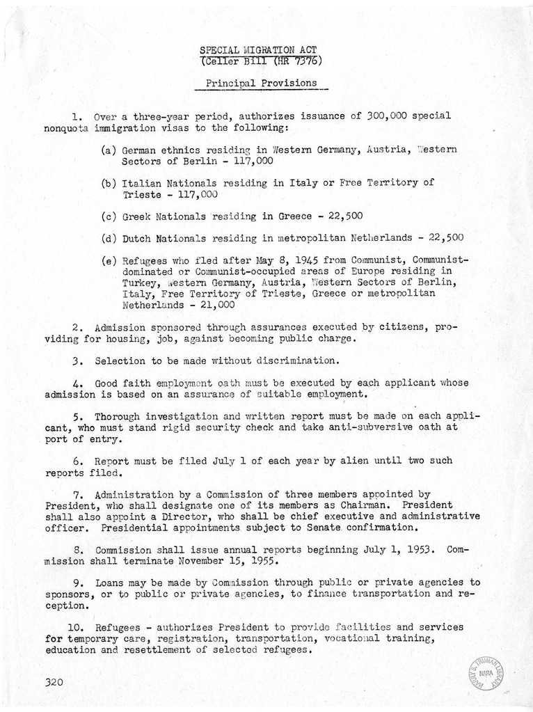 Memorandum A œspecial Migration Act Celler Bill Hr 7376 A Principal Provisions Harry S Truman