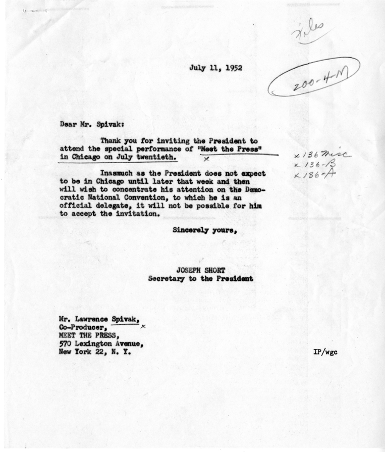 Lawrence Spivak to Harry S. Truman, With Reply From Joseph Short