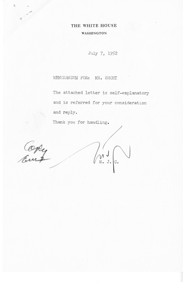 Lawrence Spivak to Harry S. Truman, With Reply From Joseph Short