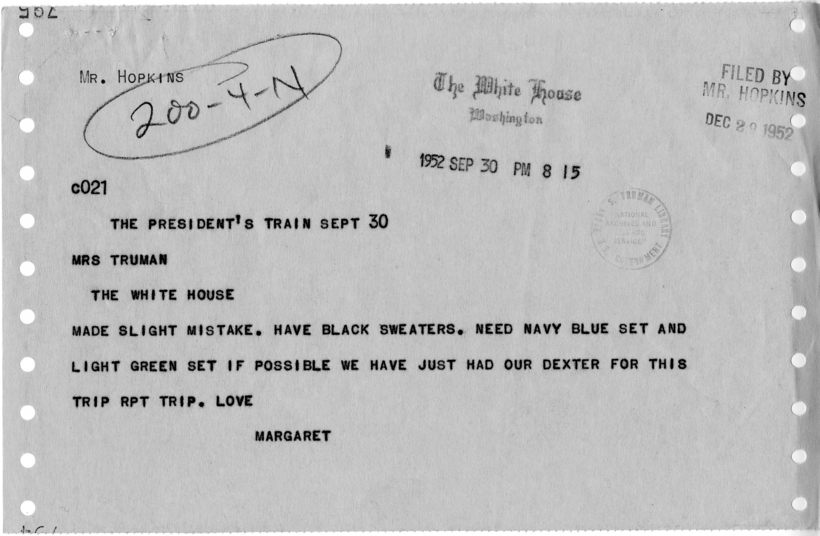 Telegram, Margaret Truman to Bess Wallace Truman