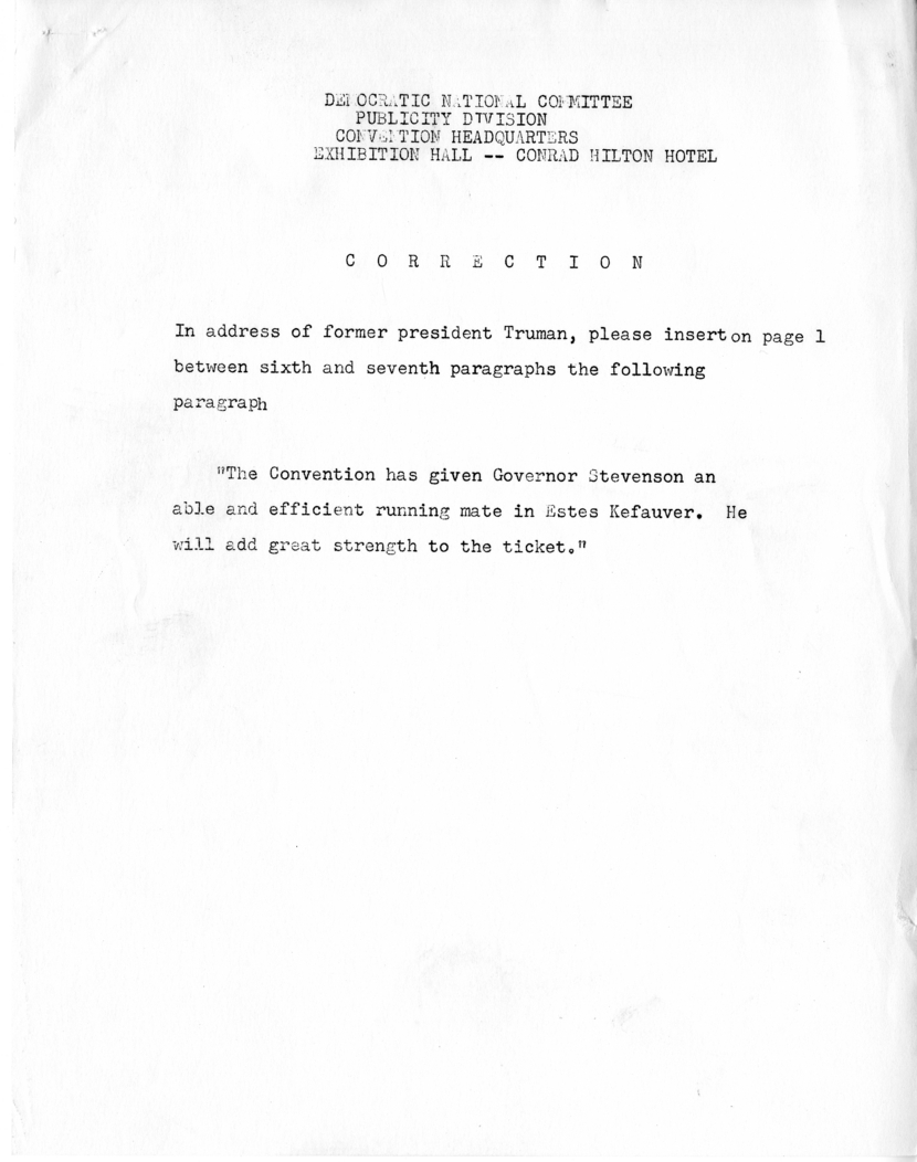 Press Release of Speech Delivered by Harry S. Truman Before the Democratic National Convention