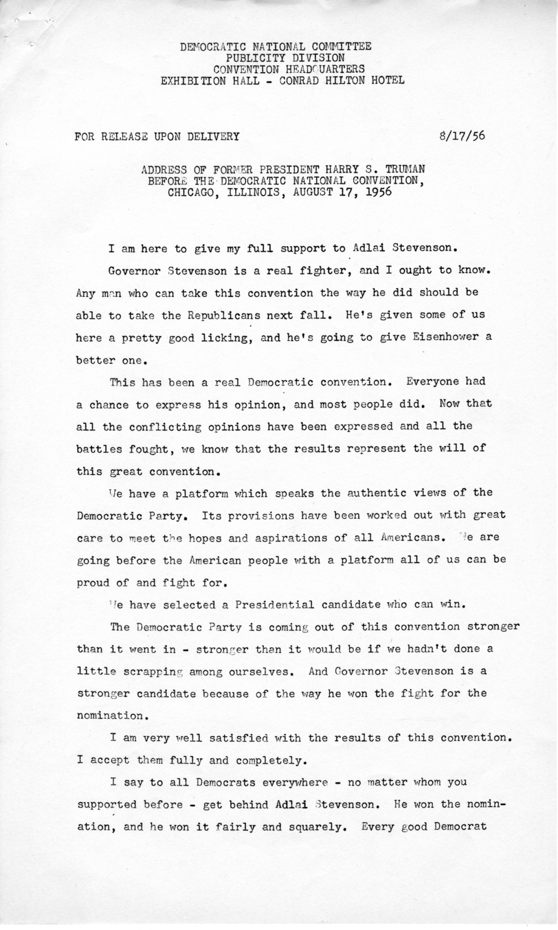 Press Release of Speech Delivered by Harry S. Truman Before the Democratic National Convention