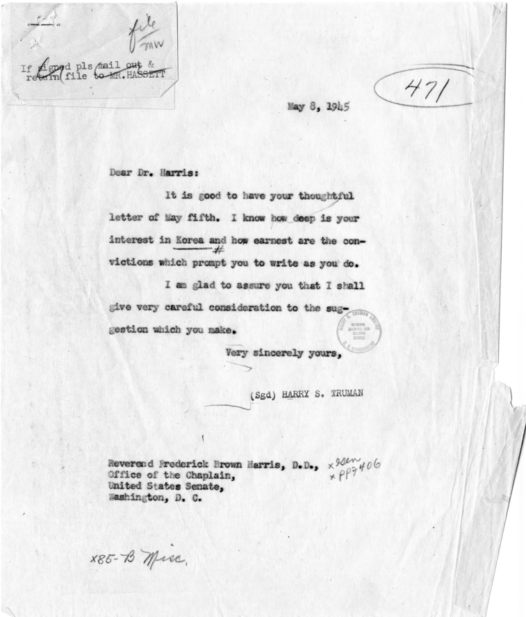 Correspondence Between Frederick Brown Harris and Harry S. Truman