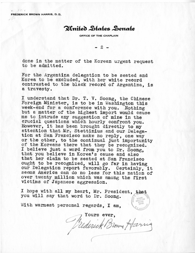 Correspondence Between Frederick Brown Harris and Harry S. Truman