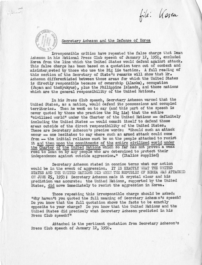 Remarks By Dean Acheson Before The National Press Club Harry S Truman