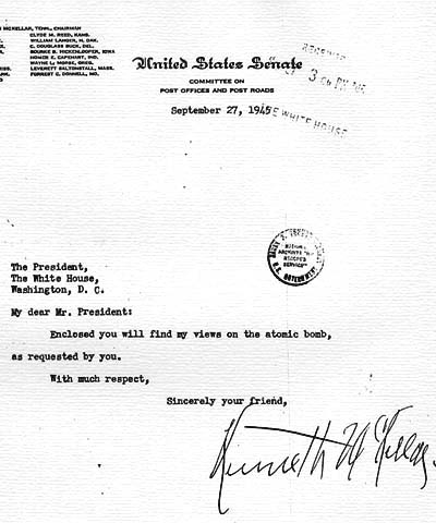 Kenneth McKellar to Harry S. Truman, accompanied by a report
