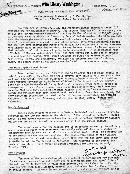 News release: Work of the War Relocation Authority, An Anniversary Statement by Dillon S. Myer, March 1943. Papers of Dillon S. Myer. 
