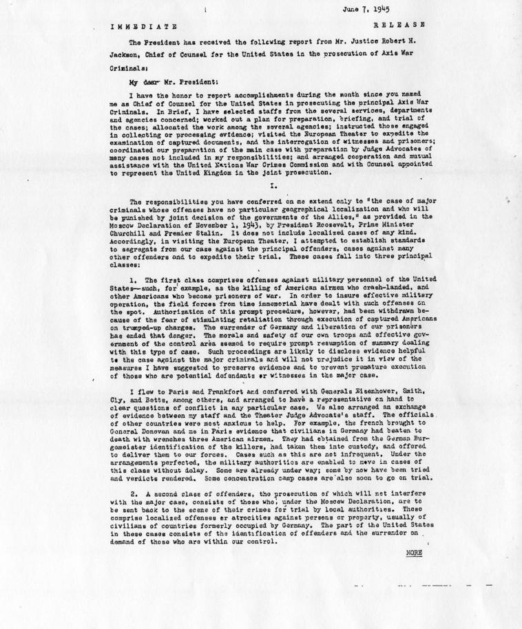 Press Release Copy Of Letter From Robert H Jackson To Harry S Truman Harry S Truman
