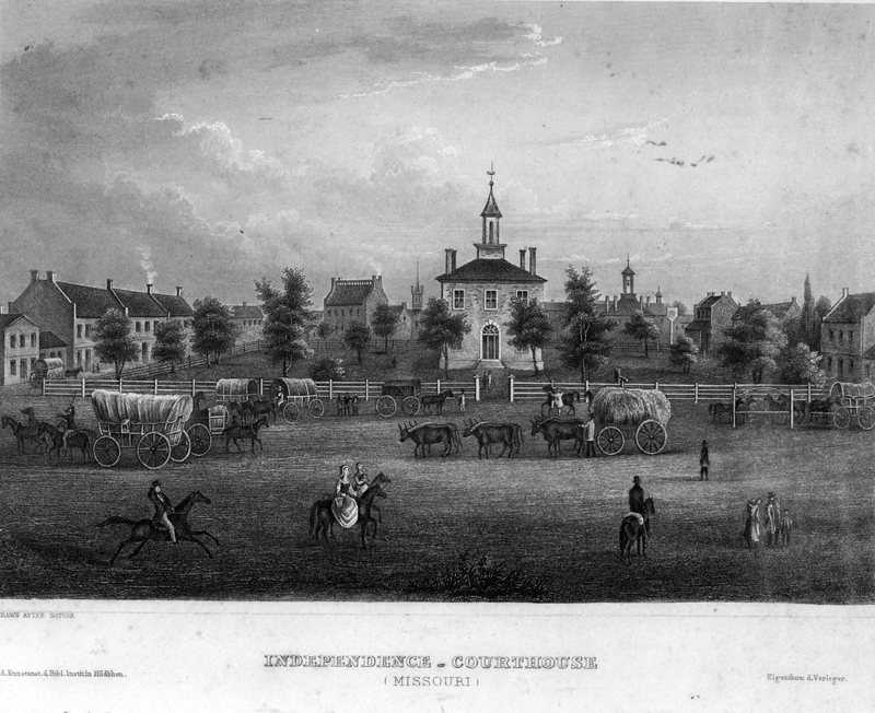 Reproduction of an engraving of the first Jackson County courthouse in