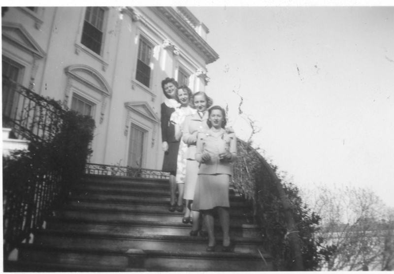 Margaret Truman and three unidentified girlfriends on the stairs of the