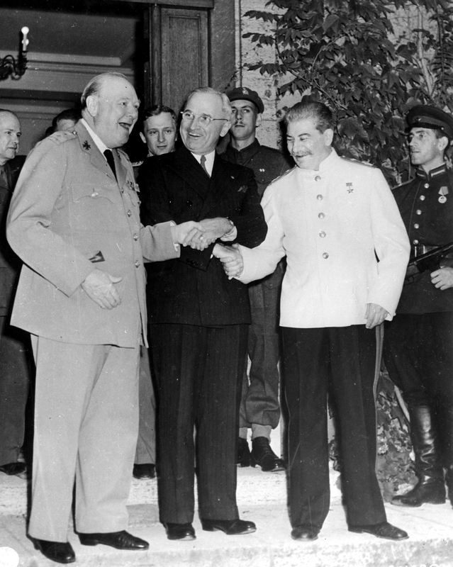 Winston Churchill, Joseph Stalin, and Harry S. Truman Shaking Hands at the Potsdam Conference