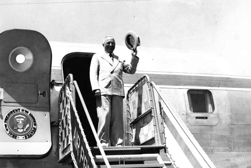 President Truman waves to an assembled crowd at Eglin Air Force Base