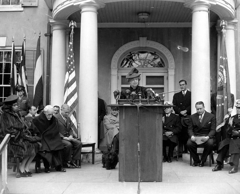 Eleanor Roosevelt speaking at the dedication of the home ...