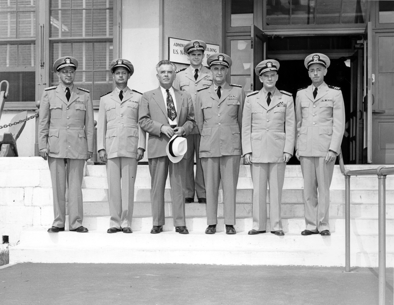 Francis P. Whitehair on the steps of the Naval Supply Depot, Scotia