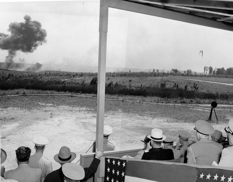 U. S. Marine officers and civilians viewing maneuvers during President