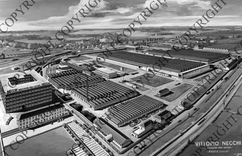 Photo of architect's rendering of the Necchi sewing machine complex in