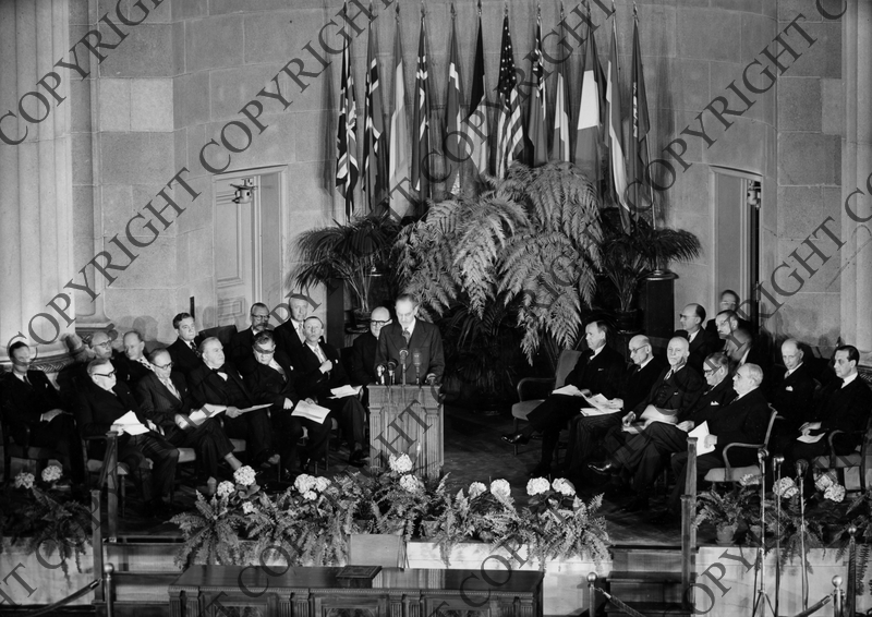 Dean Acheson speaks at opening of North Atlantic Treaty Organization ...
