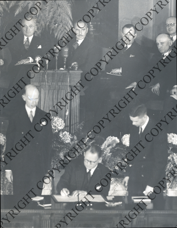 Dirk U. Stikker signs North Atlantic Treaty as Harry S. Truman and Dean ...