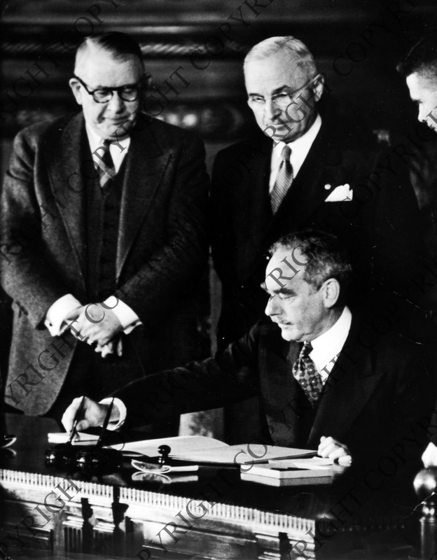 President Truman Watch As Sec Of State Dean Acheson Signs The North Atlantic Defense Treaty Harry S Truman