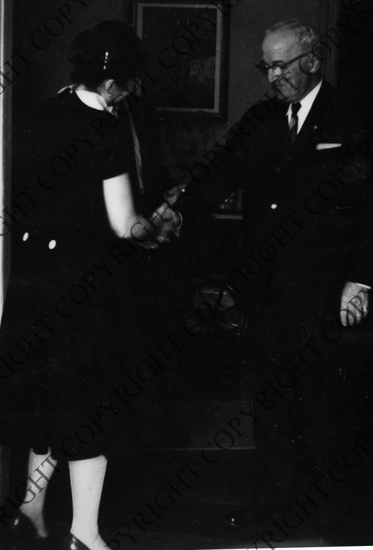 Former president truman being greeted at the columbia university radner