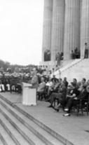 President Truman speaks on steps of Lincoln Memorial, June 29, 1947.