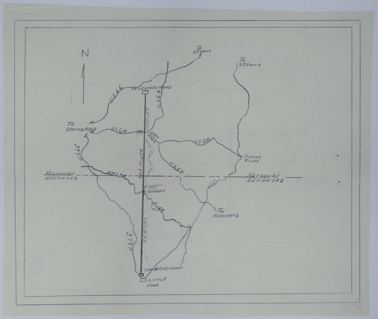 Map of a Proposed Highway Between Fort Leonard Wood and Camp Robinson