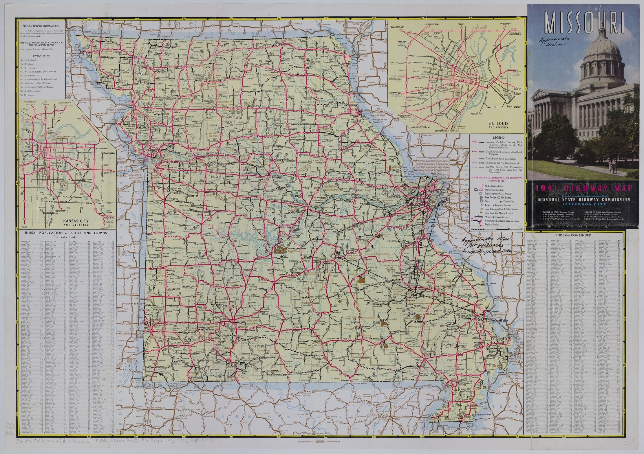 Map of Distances from a Proposed Airfield in Iron County, Missouri to Principal Cities