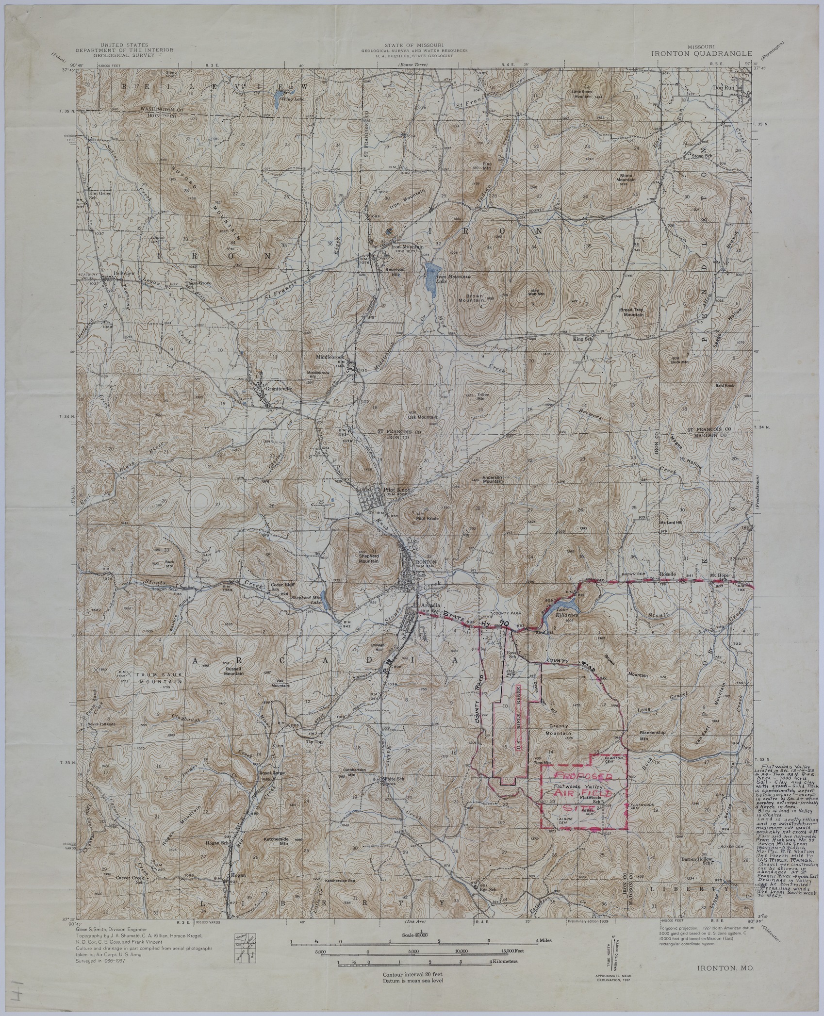 Map of a Proposed Airfield in Iron County, Missouri