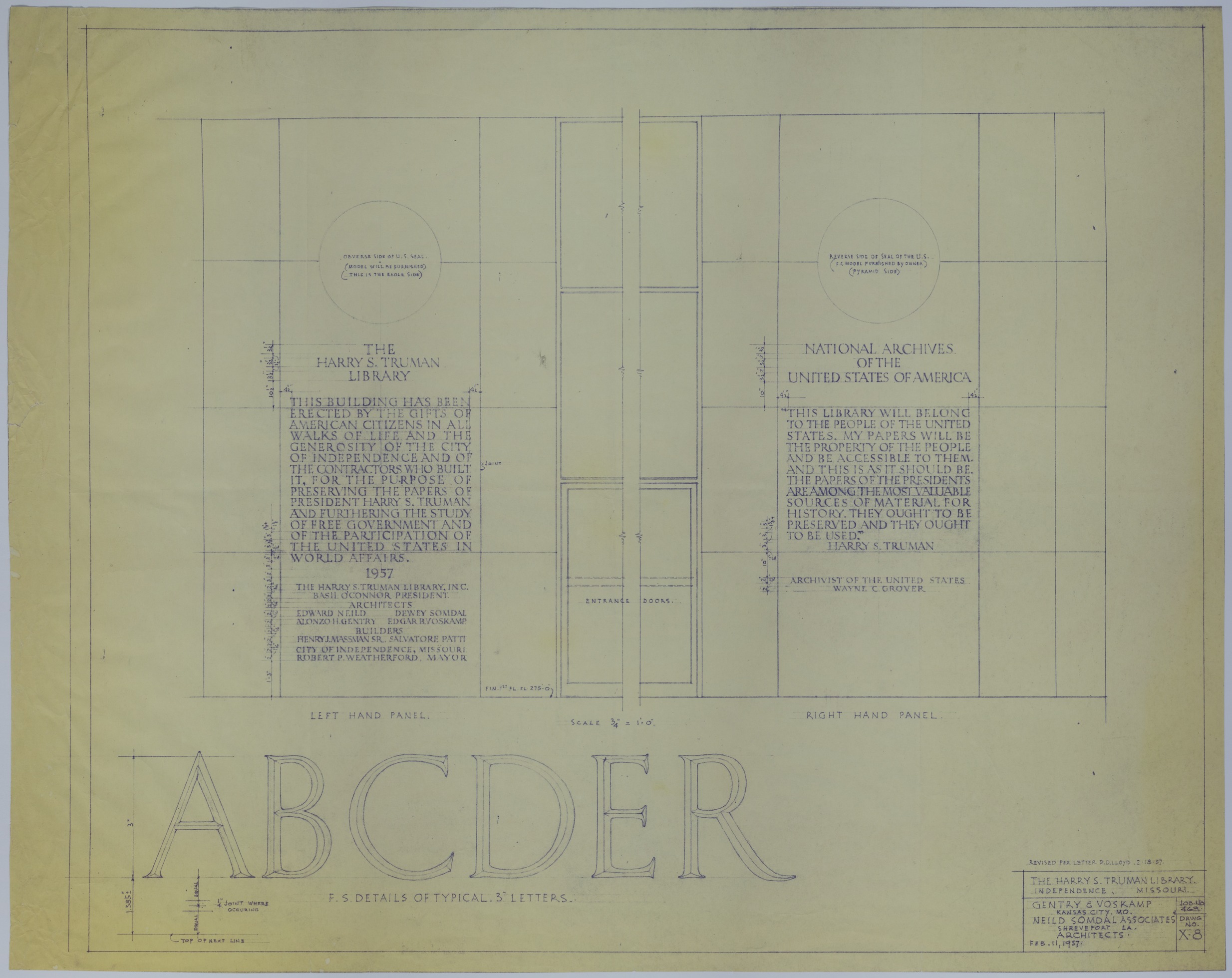 M70.jpg Drawing of the Proposed Engraved Panels at the Entrance of the Harry S. Truman Library