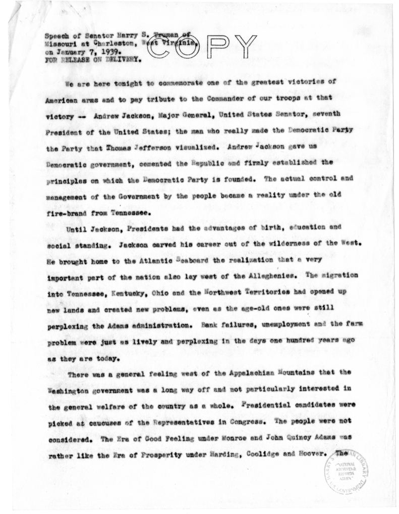 Speech of Senator Harry S. Truman at Charleston, West Virginia