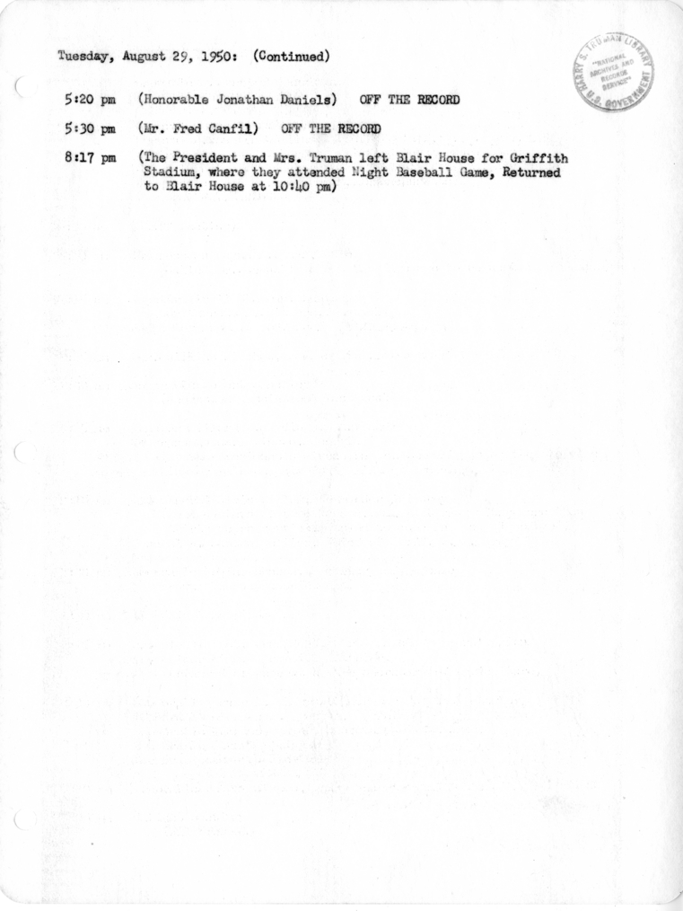 Daily Appointment Sheet for President Harry S. Truman