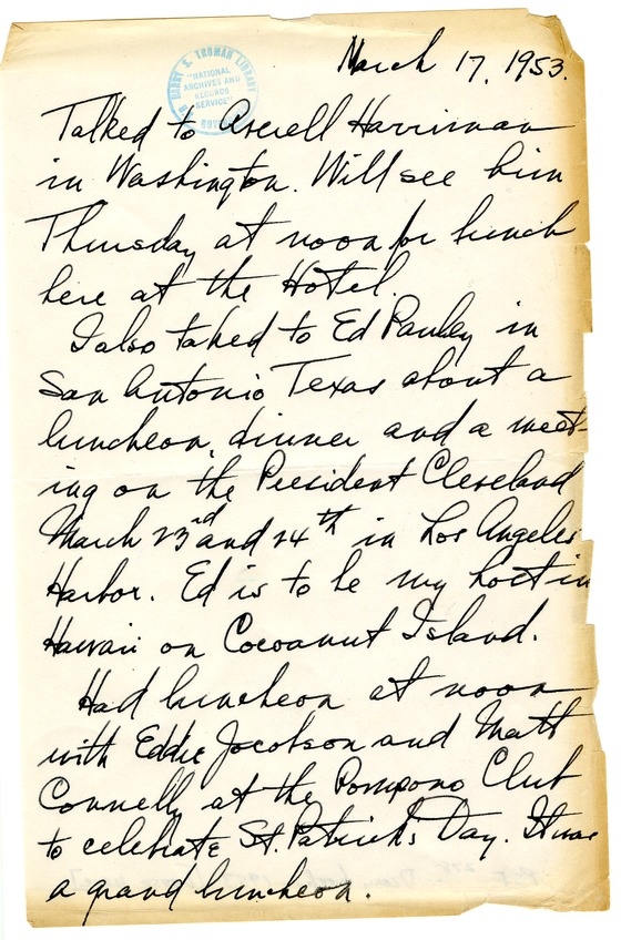 Diary Note of Former President Harry S. Truman