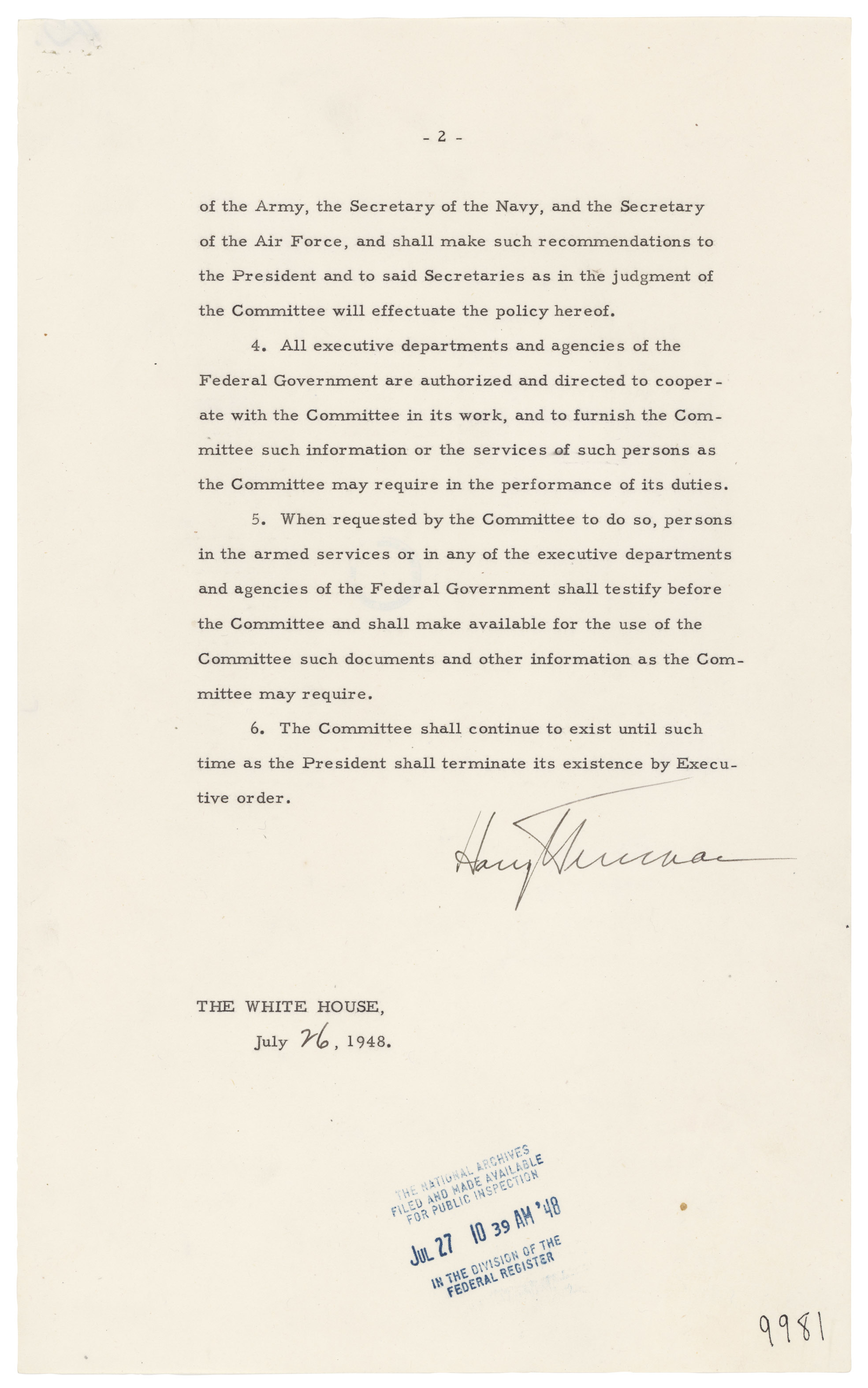 Executive Order 9981 dated July 26, 1948