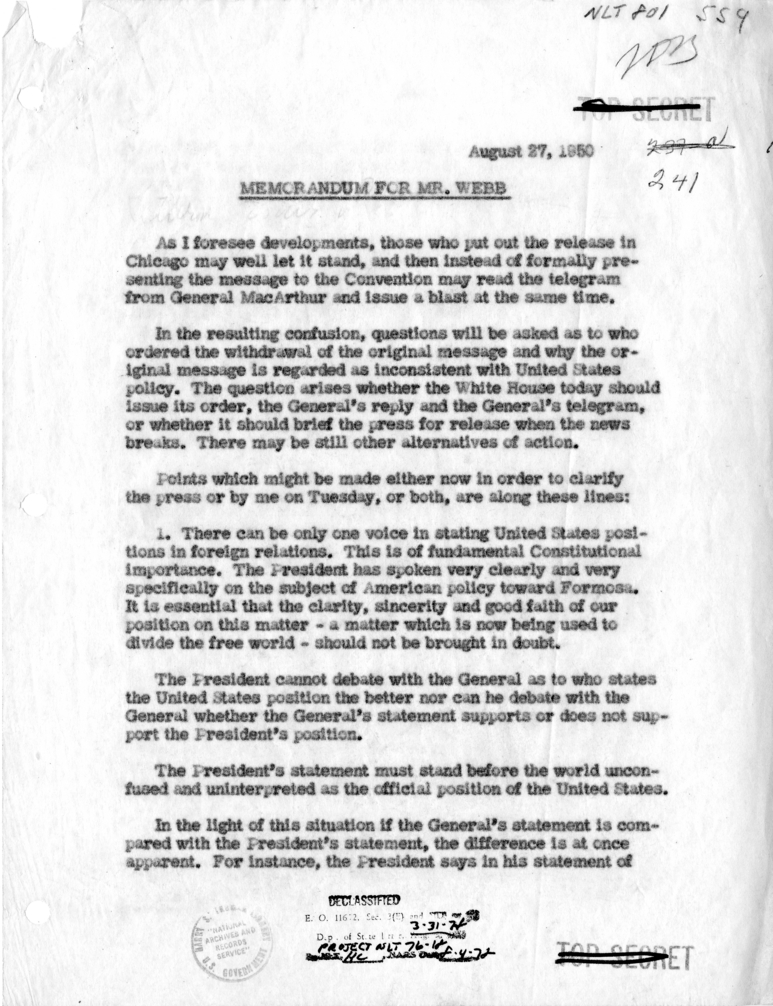 Memorandum from Dean Acheson to James Webb
