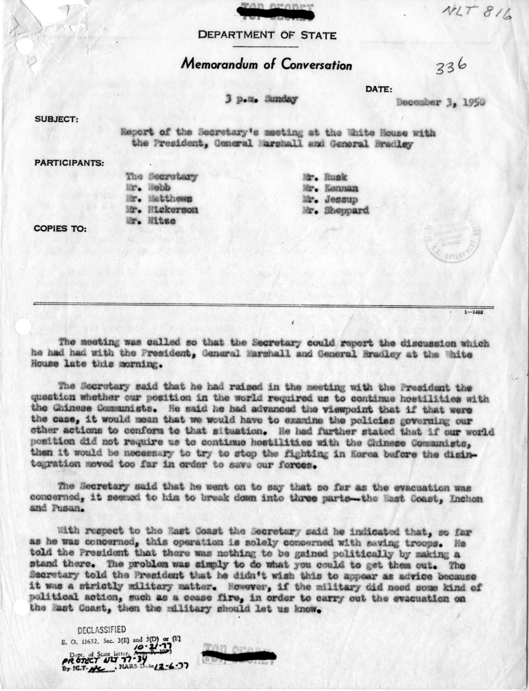 Memorandum of Conversation with James Webb, H. Freeman Matthews, John D. Hickerson, Paul Nitze, Dean Rusk, George Kennan, Philip Jessup, and William J. Sheppard